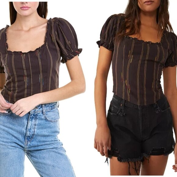 🍄 50% OFF - Free People Corset Top Brown Espresso Bean Striped Shirt Blouse - Picture 1 of 16
